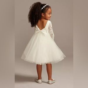 Flower Girl Dress - Ivory Illusion Lace Sleeve flower girl dress with bow